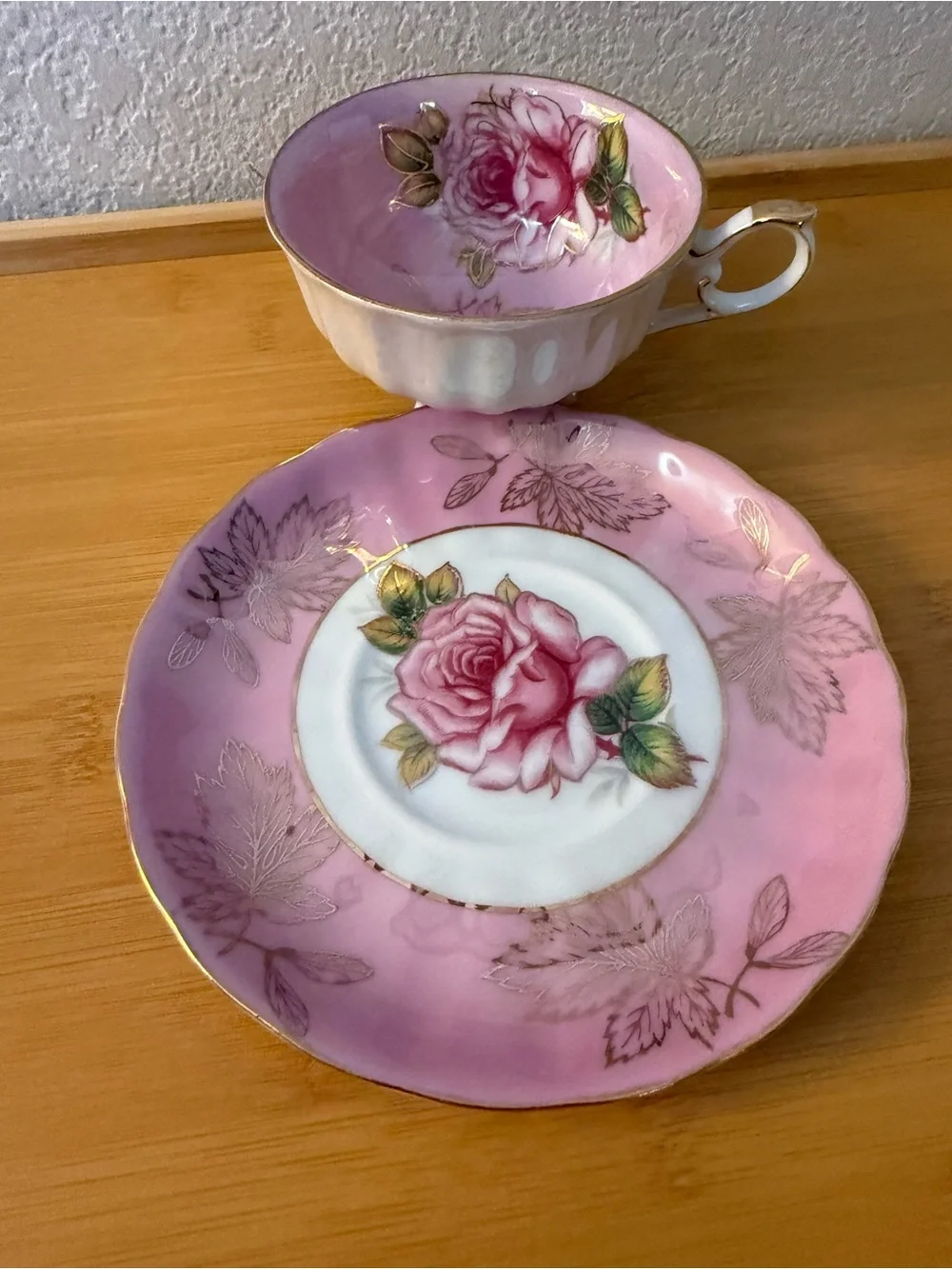 Pink Rose Gold-Trim Tea Cup and Saucer